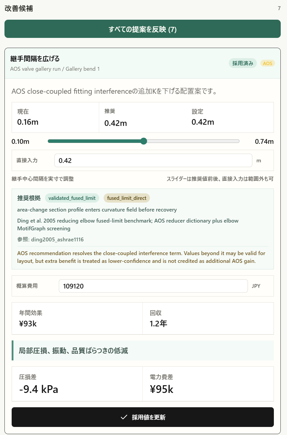 Pipe Design Advisorの改善候補と概算費用、年間効果、回収年数の表示